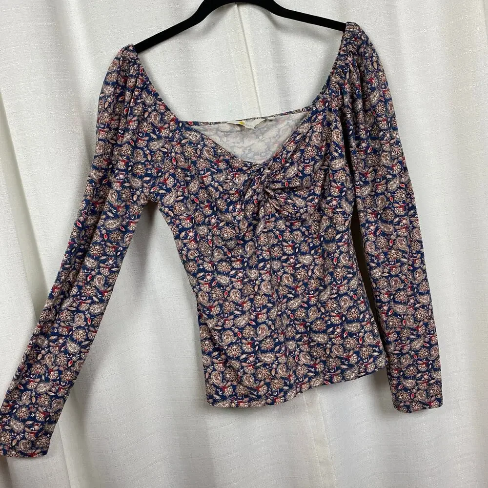 Boden Blue&Pink Paisley Puff Sleeve Sweetheart Neckline Jersey Top Sz.8